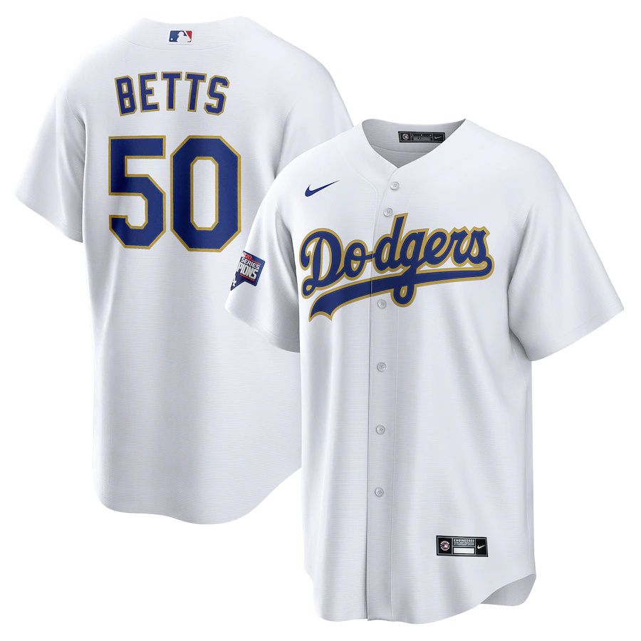 Mens Los Angeles Dodgers #50 Mookie Betts Nike White Gold 2021 Gold Program Replica Player MLB Jerseys